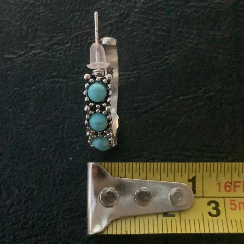 Men’s Sterling Silver Hoop Earrings with Faux Turquoise Cabochons